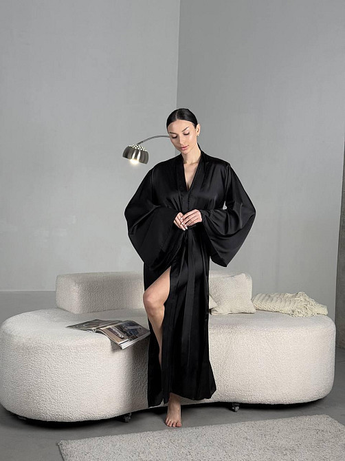 Женский домашний халат макси на запах из шелка армани Черный, Oversize 42/46 Одесса - изображение 2