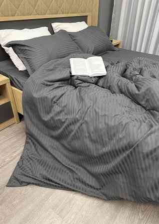 Комплект постельного белья Страйп-сатин Евро 200х230 с простыней на резинке Графитовый (88-097) Киев