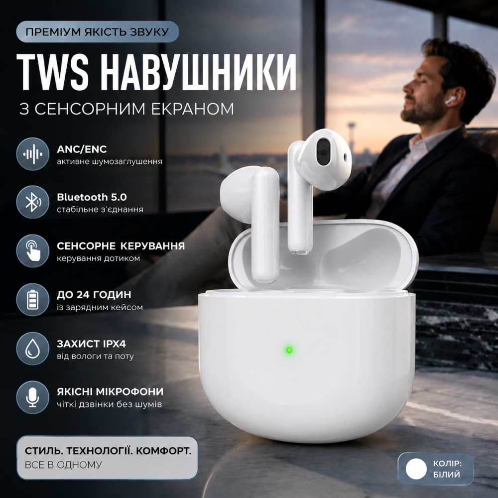 Бездротові Bluetooth 5.0 навушники ATWATEC TWS з шумозаглушенням, сенсорним керуванням, IPX4, до 24 годин, білі Київ - фото 2
