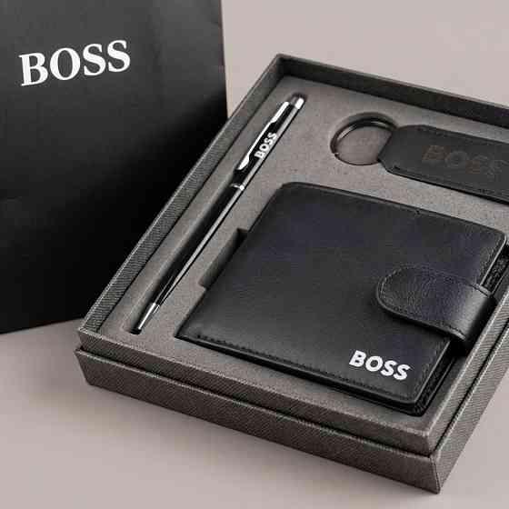 Мужской подарочный комплект, кошелек с брелоком и ручкой Boss (7704-3) Киев