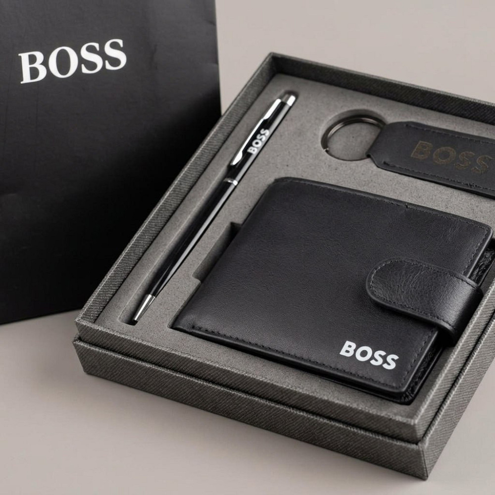 Мужской подарочный комплект, кошелек с брелоком и ручкой Boss (7704-3) Киев - изображение 1