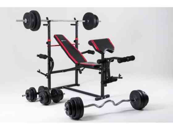 Скамья для жима с тягой + 4 грифа + 115 кг блинов Гантели, гири, штанги и диски АВС пластик комплект Киев