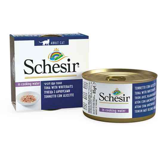 Schesir Tuna with Whitebaits ШЕЗИР ТУНЕЦ С АНЧОУСАМИ и рисом в бульоне полнорационный влажный корм консервы для котов, банка 85г Киев