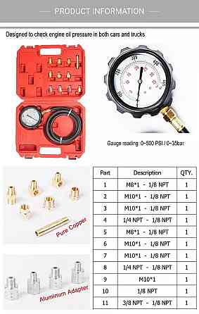 Тестер перевірки тиску масла (двигун, АКПП) 12 пр. Rewolt (T7111) Чернігів