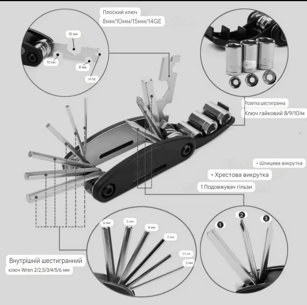 Многофункциональный инструмент 16 в 1 для ремонта велосипеда 9 на 2.5 на 4.5 см Киев - изображение 2