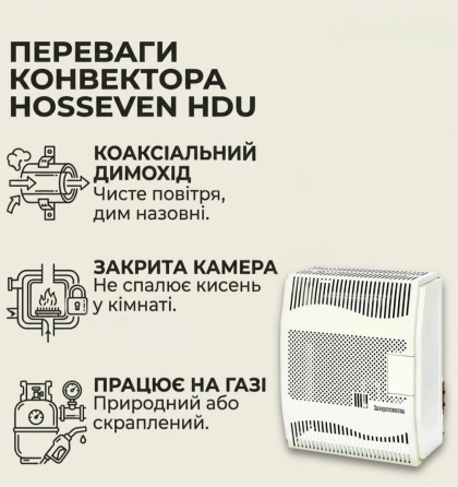 Газовий конвектор Hosseven HDU-5 з сталевим теплообмінником обігрівач 5 кВт до 50 м2 з італійською автоматикою EuroSit + димохід Тернопіль