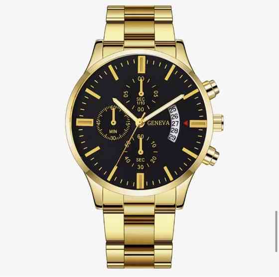 Подарочный набор для мужчин наручные часы с датой с браслетом кулоном и кольцом золотистый Киев