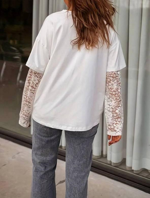 Женский стильный оверсайз лонгслив с гипюровыми рукавами турецкий кулир Одесса - изображение 7