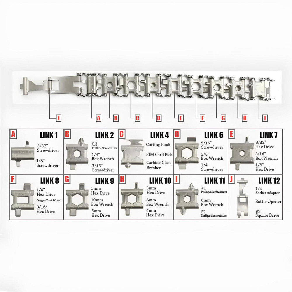 Браслет чоловічий RESTEQ металевий мультитул Tread Metric-Stainless сріблястий Київ - фото 9