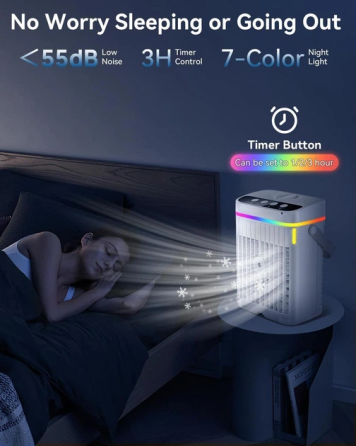 Портативний охолоджувач повітря AJVV 4-в-1, 10 Вт, 1250 мл, USB-C, 3 швидкості, зволожувач і нічник, білий Київ