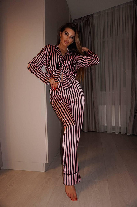 Женская шелковая пижама двойка в полоску Черный, 44/46 Одесса - изображение 10