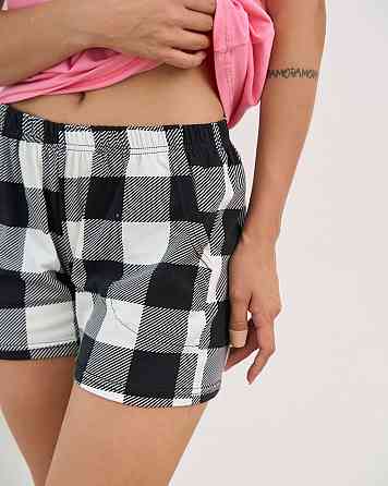 Женская пижама комплект с шортиками в клетку - Кофе, котики и книги Nicoletta 60244 S, M, L, XL, Розовый Киев