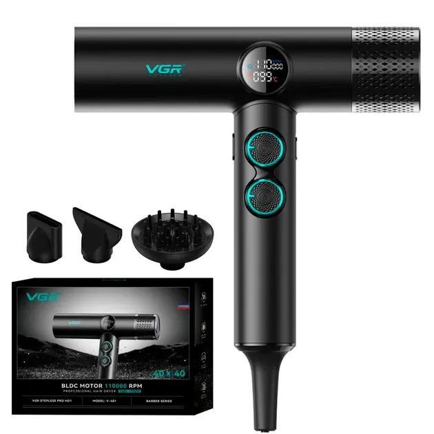 Професійний фен VGR V-401 Black: 1900W, 110k об/хв, 40 режимів обдування / 40 температур, 3 насадки Одеса - фото 1