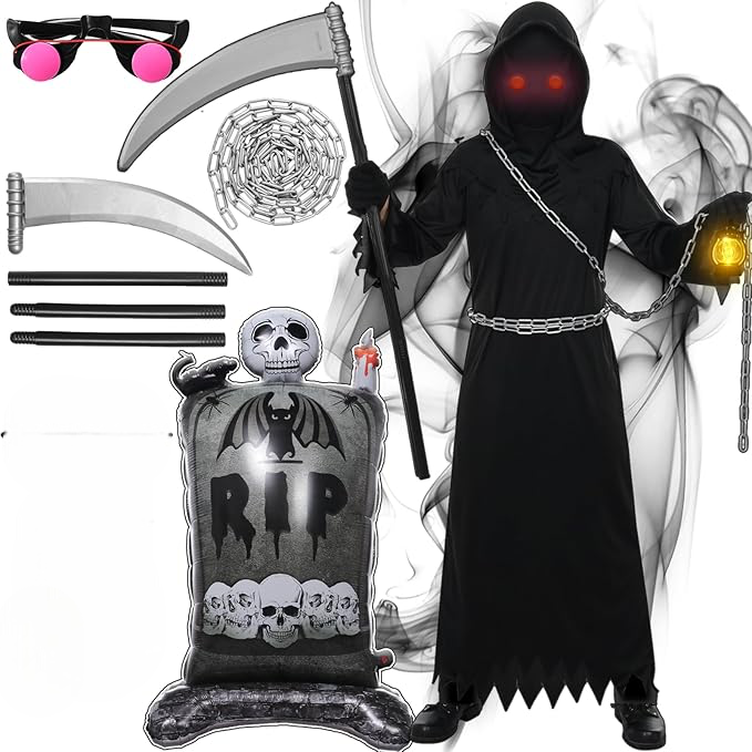 Моторошний дорослий костюм Жнеця Смерті з LED-окулярами, косою, маскою та аксесуарами на Гелловін, карнавал Київ - фото 1