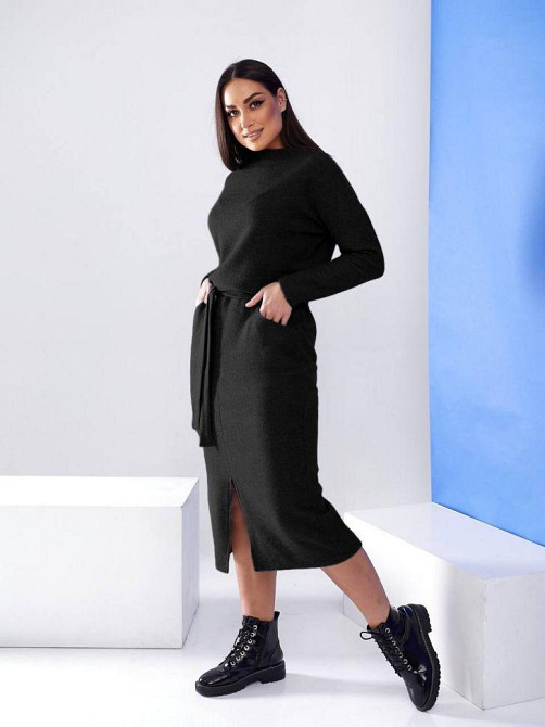 Довга ангорова сукня з поясом "Juliette" оптом | Норма і батал Чорний, 50-52 Київ - фото 1