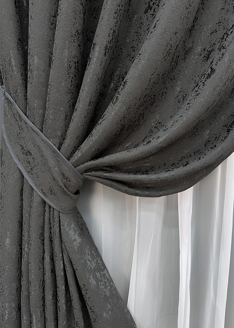 Комплект готовых штор VR-Textil Лен мрамор Pavliani № 1667ш Графитовый 200х270 см 2 шт (32-284) Киев - изображение 5
