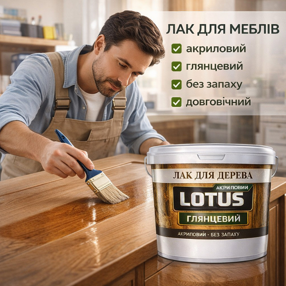 Лак для дерева LOTUS глянцевий акриловий без запаху універсальний для підлоги меблів та фасаду зносостійкий прозорий 10 л Харків - фото 6