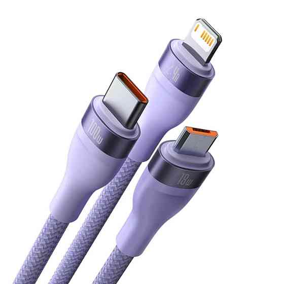 Кабель Baseus Flash Series II One-for-three Fast Charging Data Cable USB to M+L+C 100W 1.2m Purple CASS030005 Одеса