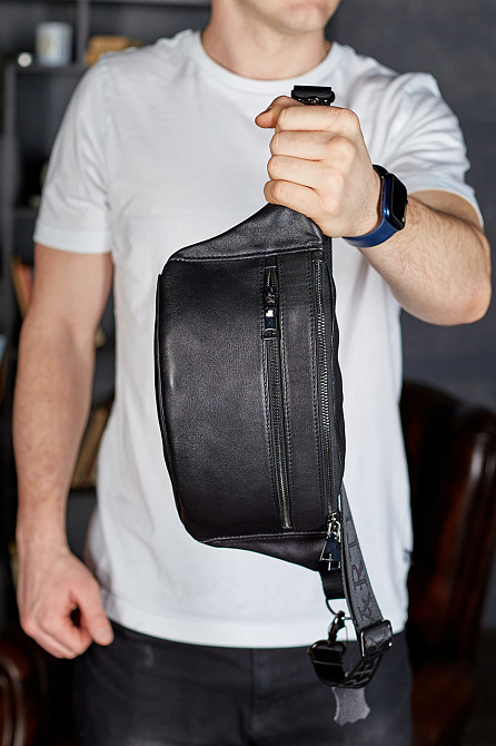 Чоловіча шкіряна бананка для телефону чорна Київ - фото 4