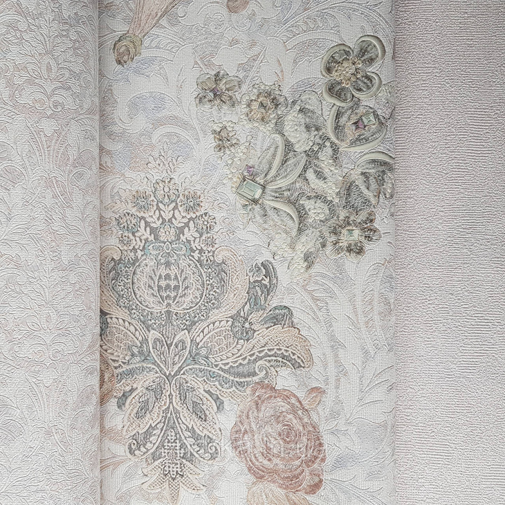 Шпалери метрові вінілові на флізелін Yuanlong Samsara бароко квіти вензель бірюзові коричневі на сірому Київ - фото 2