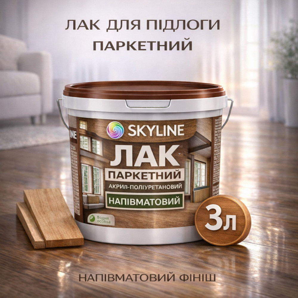 Лак для підлоги напівматовий Skyline паркетний, акрил-поліуретановий, водний, зносостійкий, без запаху, 3 л Харків - фото 1
