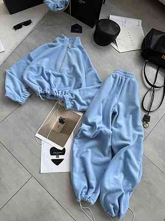 Женский теплый повседневный костюм двойка турецкий двусторонний флис полар Голубой Одесса