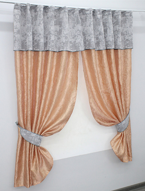 Кухонні штори VR-Textil № 073к з ламбрекеном і підхватами персиковий з світло-сірим 275х170 см (52-0138) Київ - фото 2