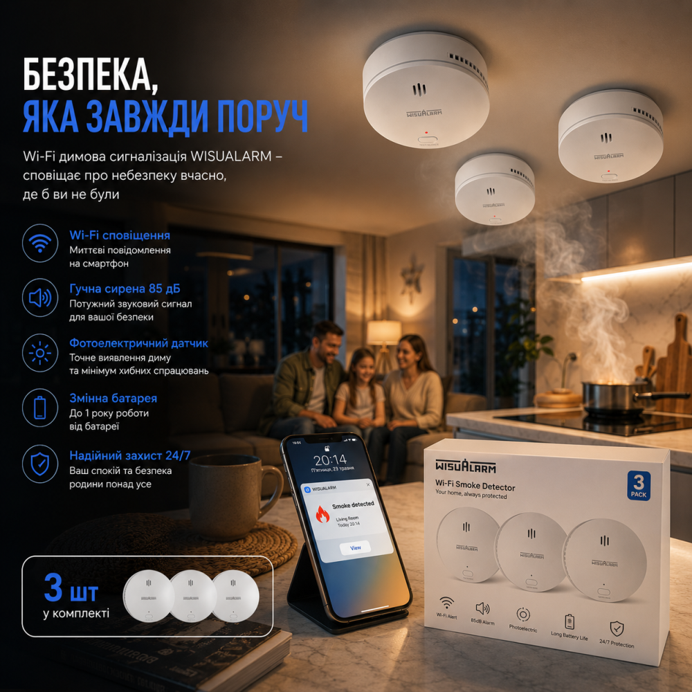 Димова сигналізація WISUALARM Wi-Fi 3 шт з фотоелектричним датчиком, сповіщення на смартфон, 85 дБ, змінна батарея Київ - фото 8
