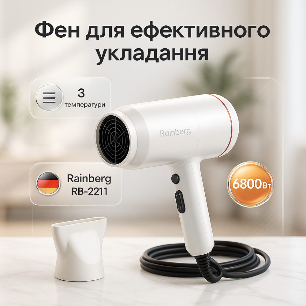 Воздушный стайлер для волос Rainberg RB-2211 6800Вт, Фен для волос с режимами, Фен мощный QO-81 Львов - изображение 17