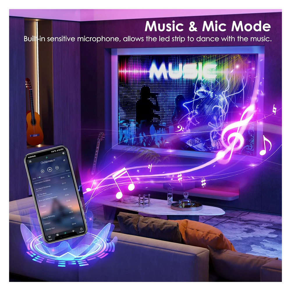 Світлодіодна стрічка LED стрічка HOVVIDA RGB 5 м 150 LED 30 LED/м керування APP пульт 44 клавіші музичний режим мікрофон таймер Київ - фото 2
