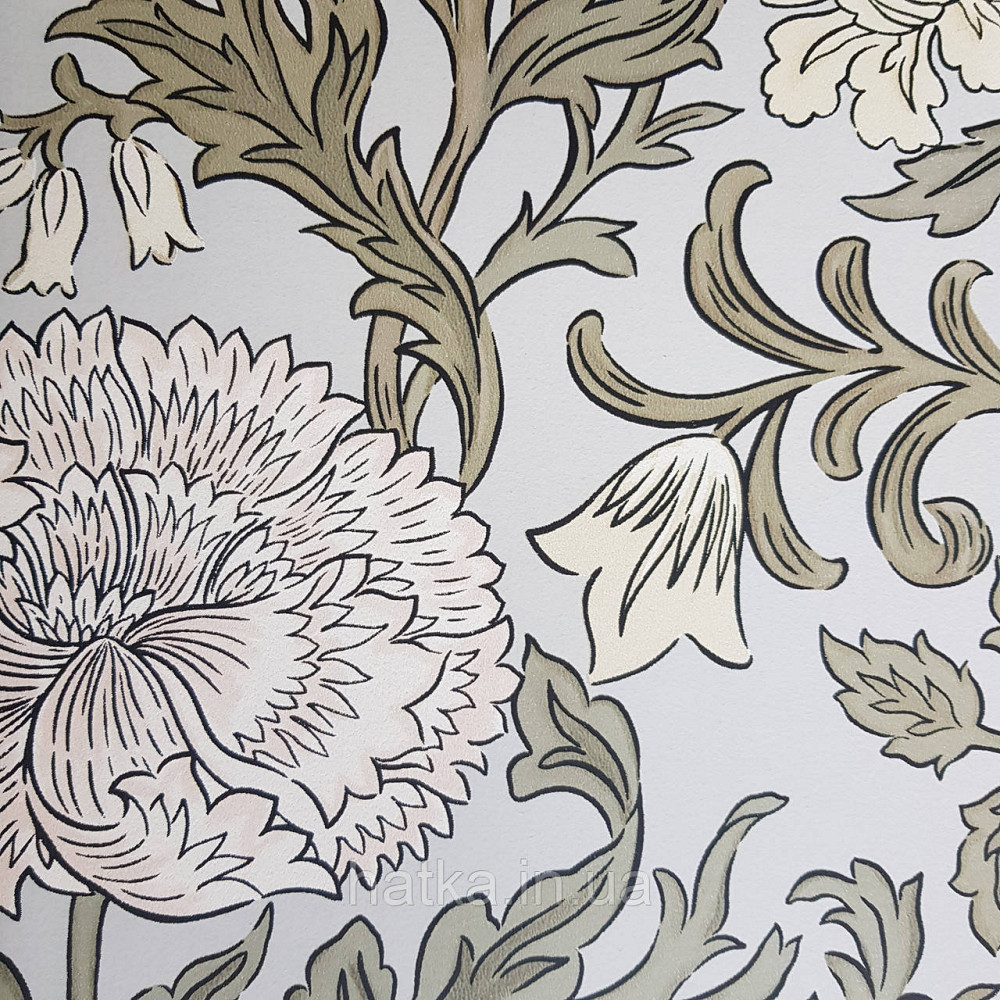 Шпалери флізелінові еко Rasch Salisbury 0.53х10 квіти великі білі жовті рожеві на ясно сірому Київ - фото 1