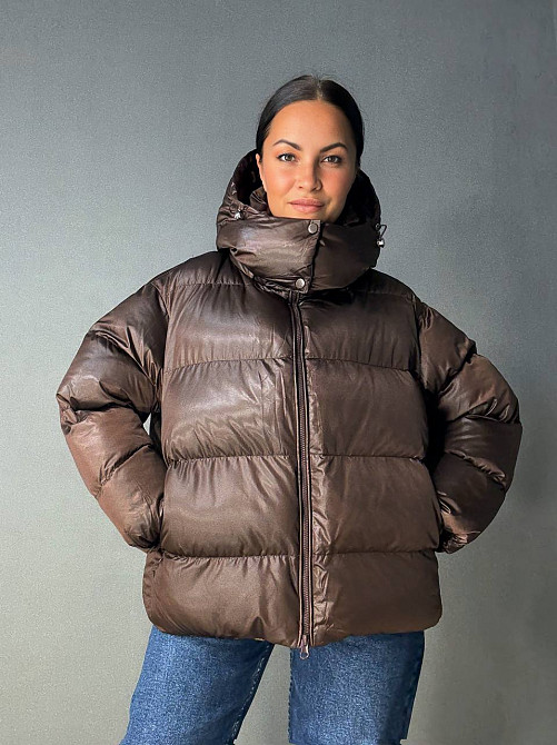 Куртка женская Lady Yep 10041 глянцевая пуффер оверсайз с капюшоном коричневая, коричневый, 42 Киев - изображение 15