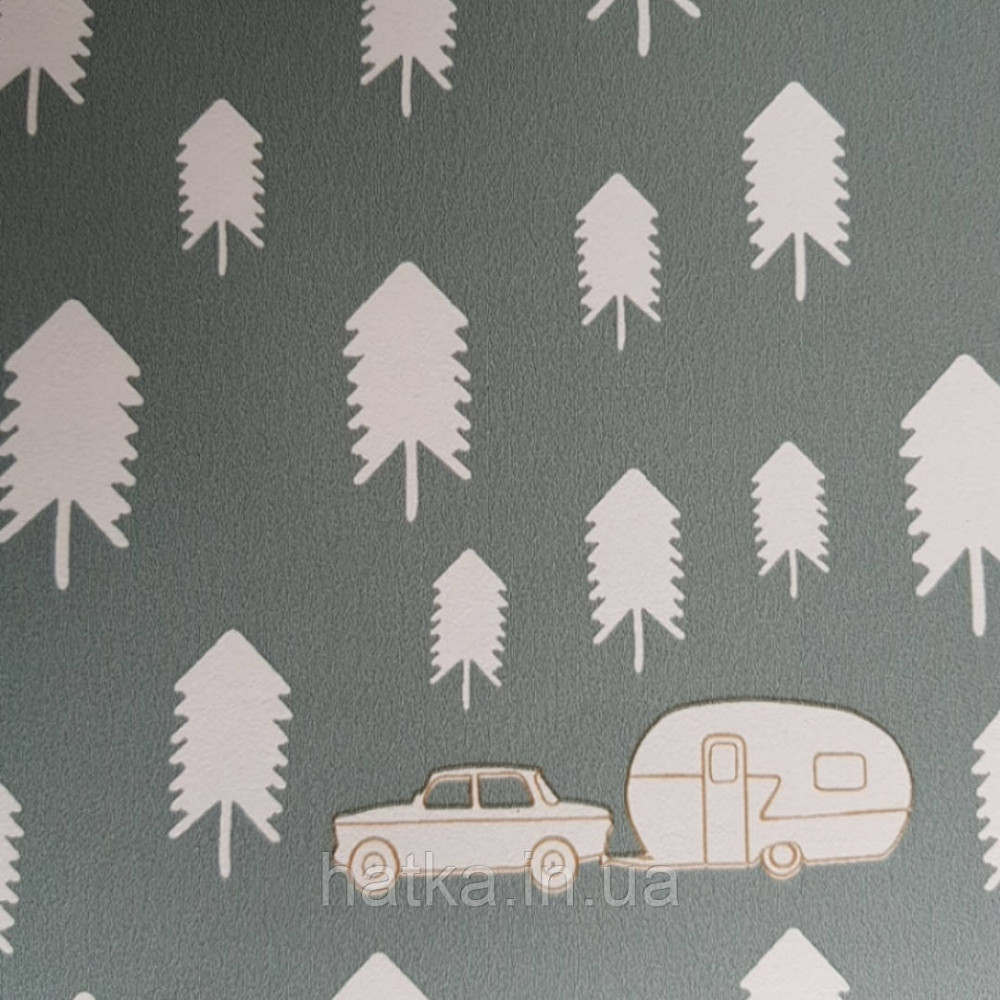 Обои флизелиновые детские  Caselio Our Planet деревья елки домики палатки машины белые на сером Киев - изображение 4