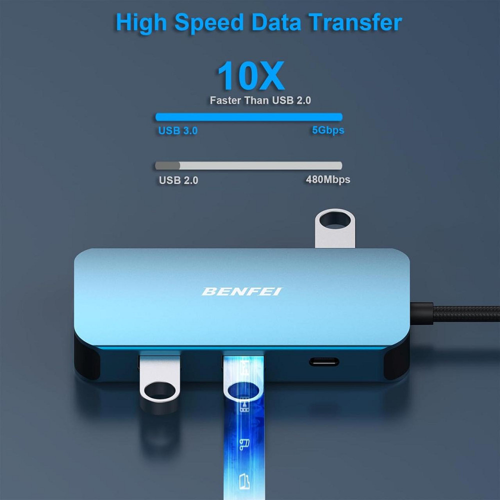 Хаб 8в1 BENFEI USB C концентратор, док-станція з потрійним дисплеєм, 2 HDMI, VGA, 3 USB 3.0, 100 Вт, 3,5-мм AUX аудіо Київ - фото 4