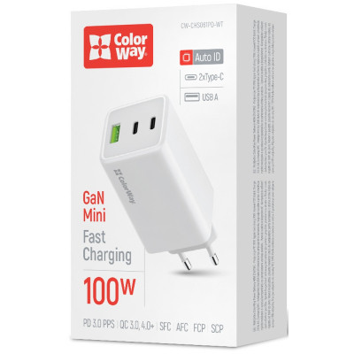 Зарядний пристрій ColorWay C101B GaN Mini 100W PD PPS 2xUSB-C + USB-A white (CW-CHS061PD-WT) Вінниця - фото 12