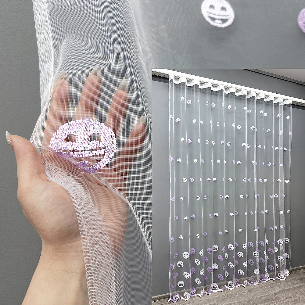 Тюль VR-Textil 1573т Фатин з вишивкою Смайлики Білий з бузковим 350х270 см (42-0977) Київ - фото 1