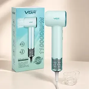 Фен для волосся VGR V-446 GREEN: BLDC 110000 об/хв, іонізація, 1400 Вт, 350 г, 6 режимів, LED та магнітна насадка Одеса