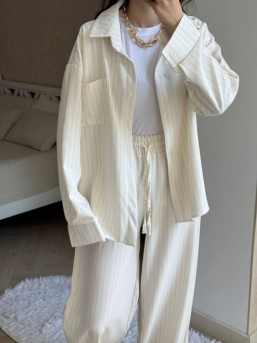 Женский стильный вязаный костюм двойка турецкий лен в полоску Бежевый, 42/46 Одесса - изображение 2