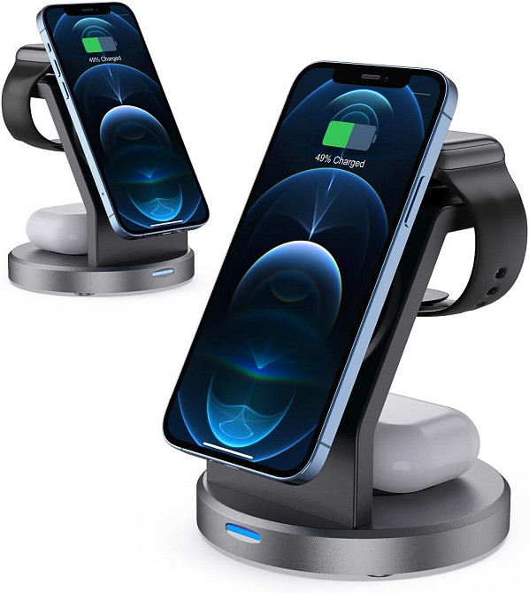 Магнітна зарядна док-станція СтенД 3в1 W11AP-23W Lightning для телефона годинника та навушників Чорний Київ - фото 4