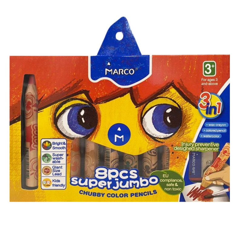 Олівці кольорові "Marco" "Chubby color" Jumbo акварельні 8кол. 1800-8CB з точилкою, шт Київ - фото 1