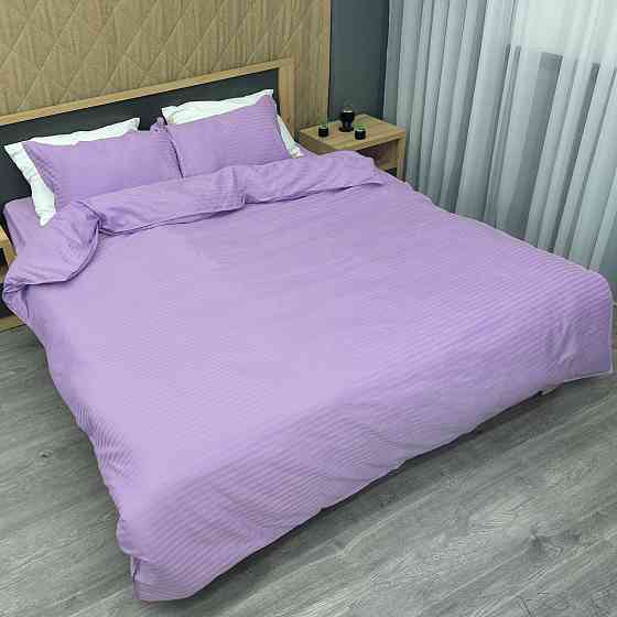 Комплект постільної білизни Страйп-сатин Євро 200х230 з простирадлом на резинці Лавандовий (88-176) Київ