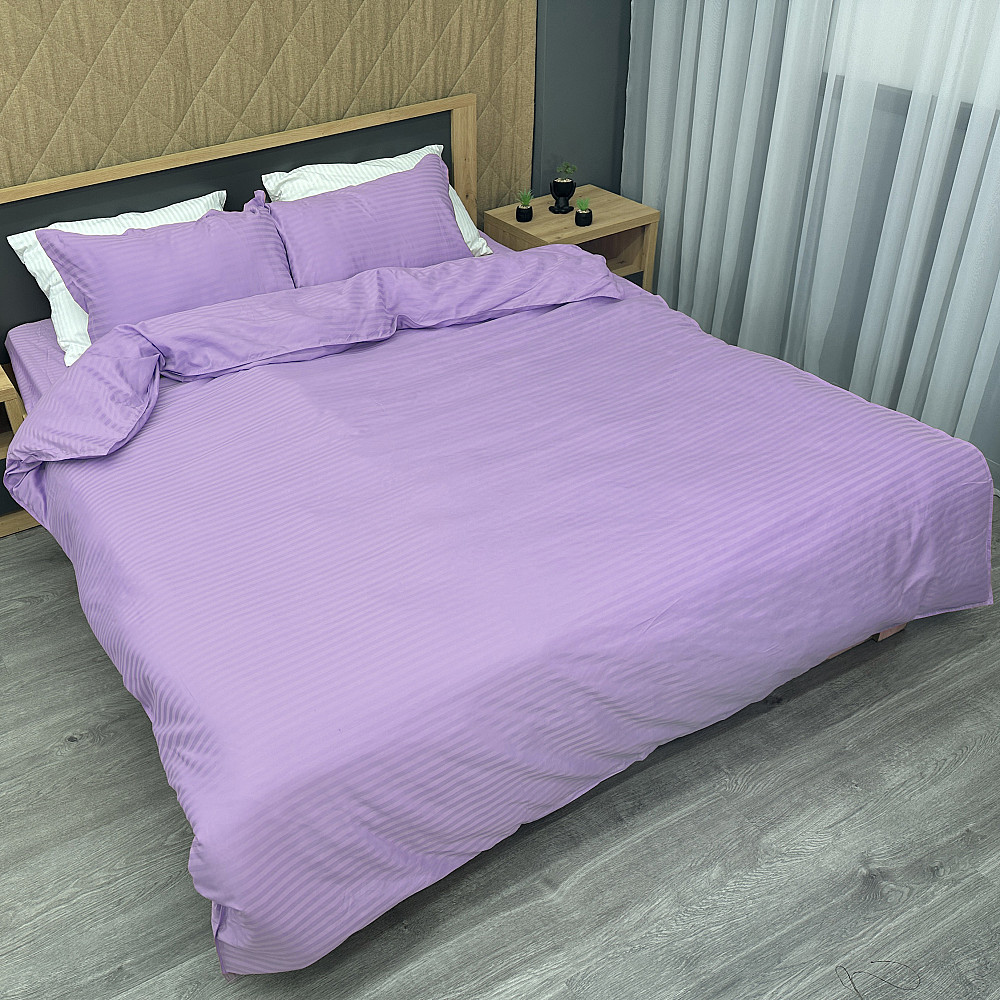 Комплект постільної білизни Страйп-сатин Євро 200х230 з простирадлом на резинці Лавандовий (88-176) Київ - фото 2