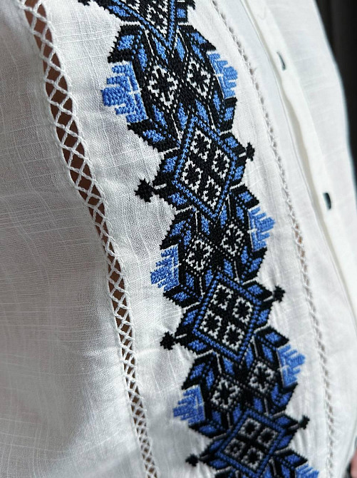 Мужская вышиванка в традиционном украинском стиле домотканый лен Белый, 50 Одесса - изображение 4