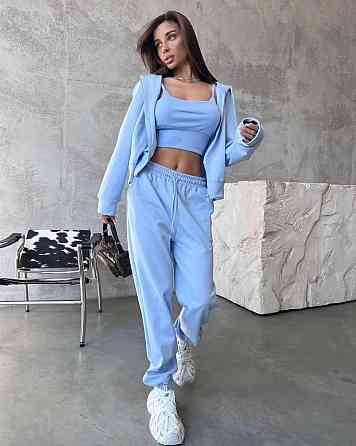 Жіночий прогулянковий костюм-трійка: кофта топ і штани двонитка Блакитний, 46/48 Одеса