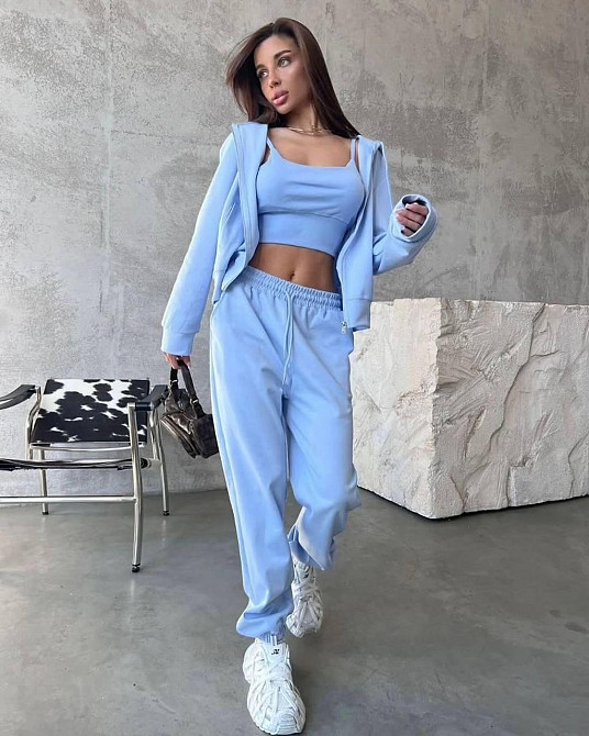 Жіночий прогулянковий костюм-трійка: кофта топ і штани двонитка Блакитний, 46/48 Одеса - фото 1