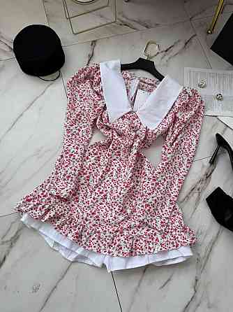 Жіноча романтична мінісукня-комбінезон у квітковий принт із білим коміром софт + котон Рожевий, 44/46 Одеса