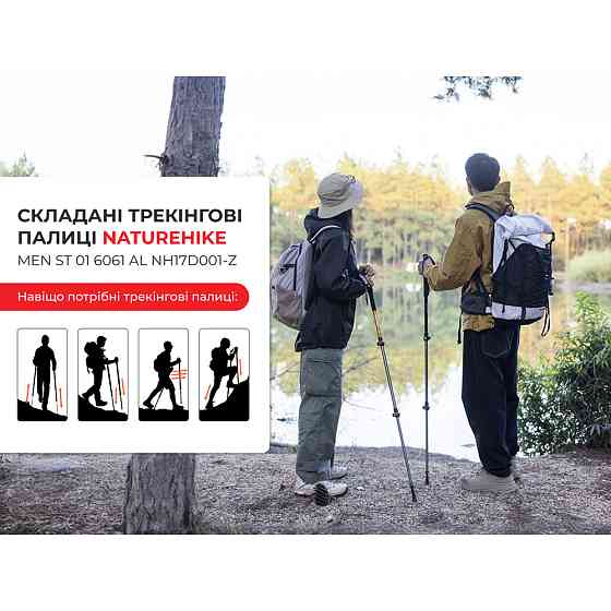 Трекінгова палиця 3-сек. Naturehike Men ST 01 6061 AL NH17D001-Z, алюміній,  чорна Киев