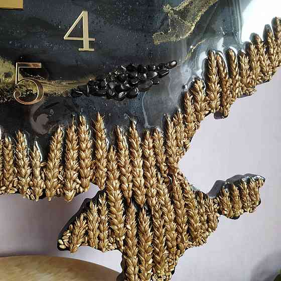 Настінний годинник з епоксидної смоли ручної роботи "Карта України" з колосками та гербом 80х55 см Дніпро