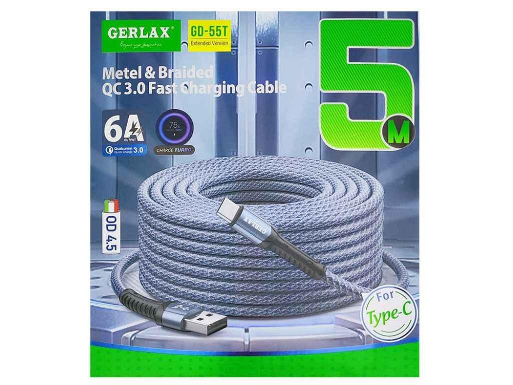 Кабель Type-C GD-55T (real 3A) тканинний синій 5м ТМ Gerlax Solmir Київ - фото 1