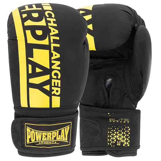 Боксерские перчатки для бокса и единоборств на липучке 14 унций PowerPlay 3086 Matt Challenger черный с желтым Киев